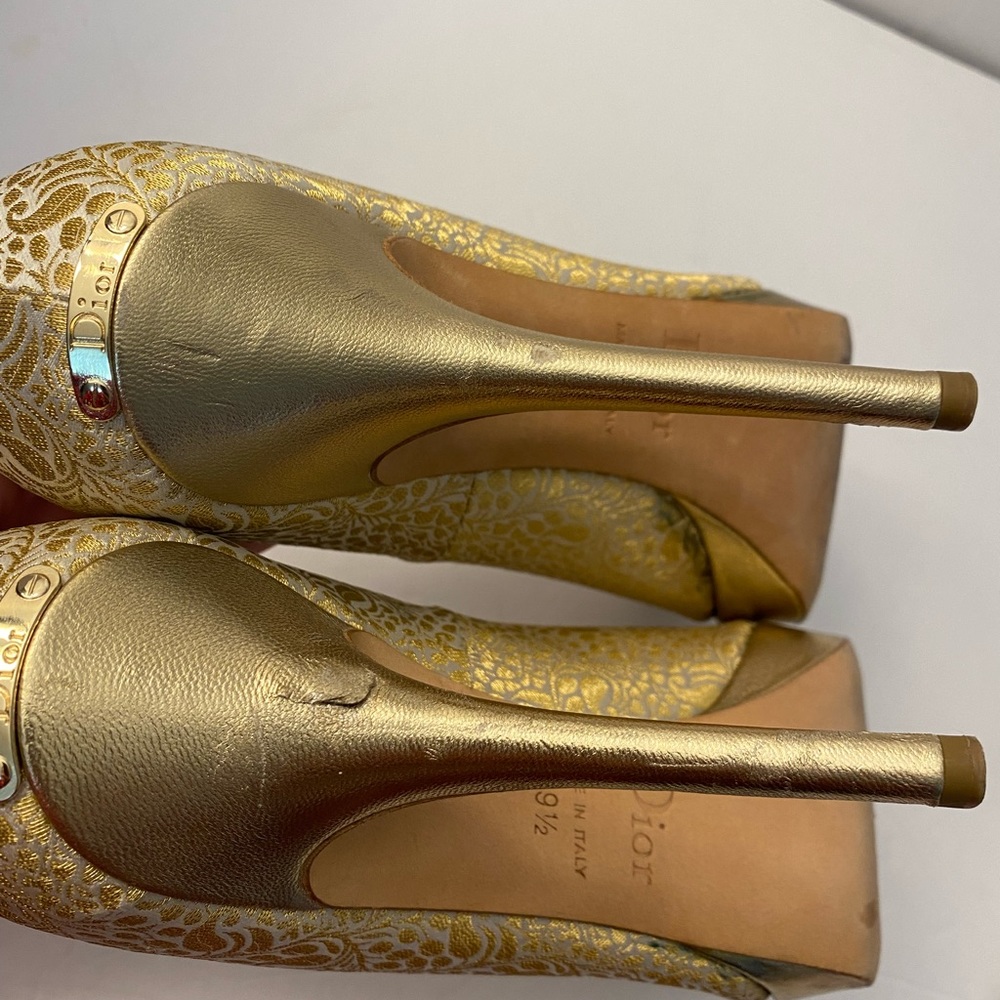 Christian Dior open toe pumps heels fabric leather gold 39.5 - Picture 12 of 14